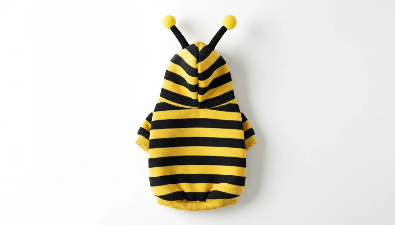 A yellow and black striped bee costume with antennae on a white background for pets