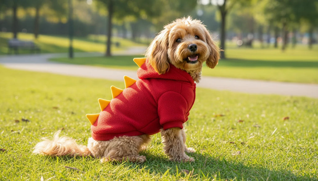 A small dog in a red dinosaur costume sits on green grass in a park with trees