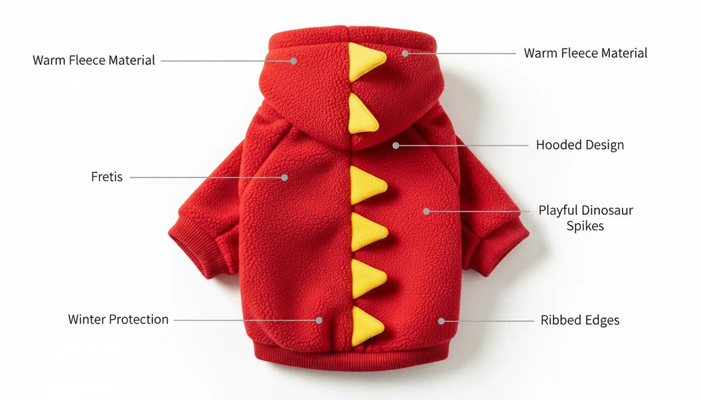 Red hooded fleece dog sweater with yellow dinosaur spikes and ribbed edges for winter protection