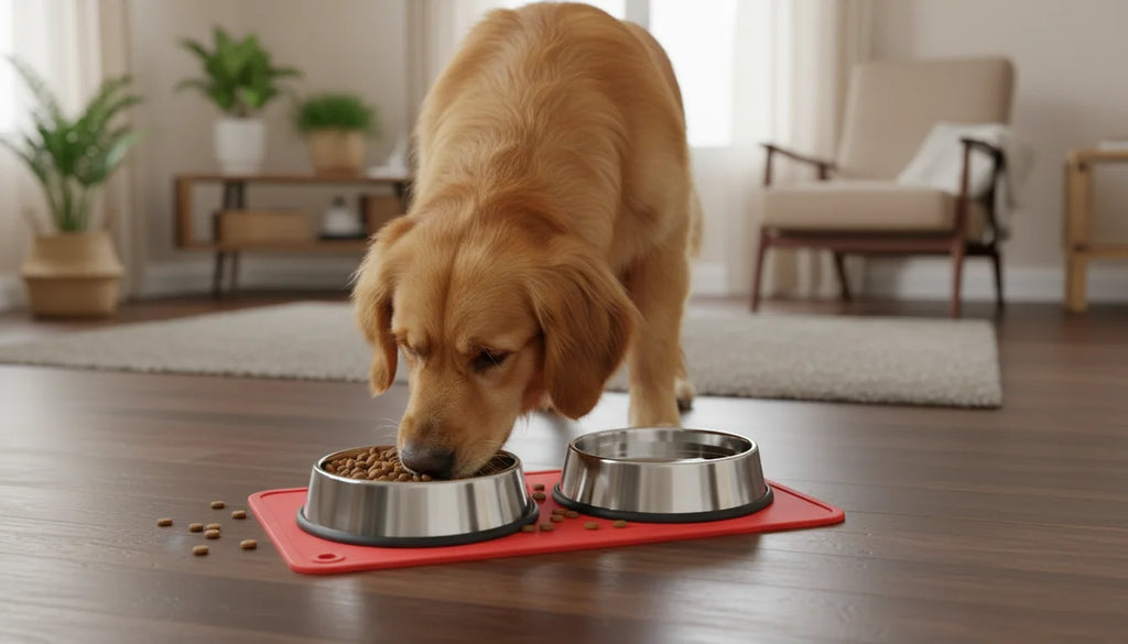 Golden retriever dog eats from stainless steel food bowl on red mat in living room