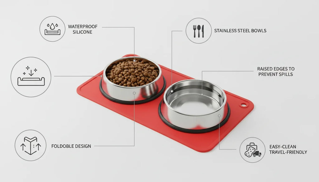 Red silicone pet mat with stainless steel food and water bowls for easy clean travel