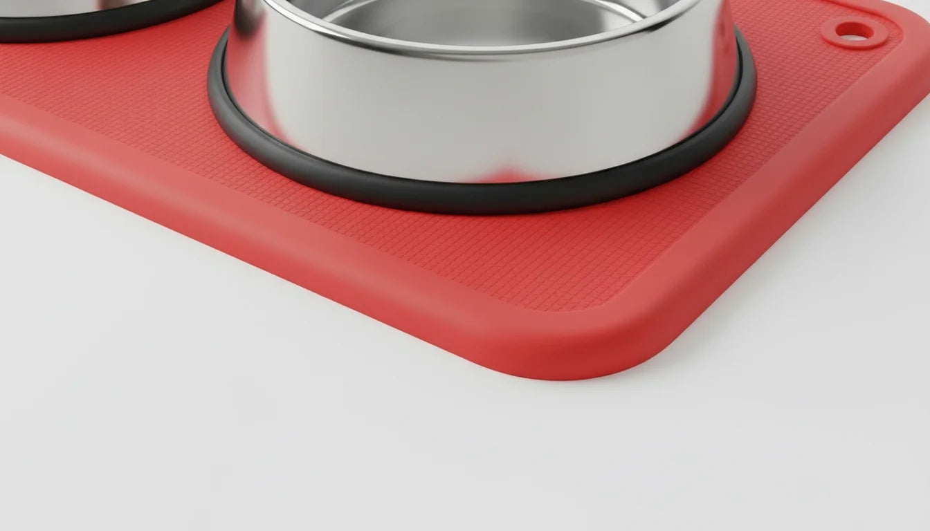 Red silicone pet mat with two stainless steel bowls on a white background closeup