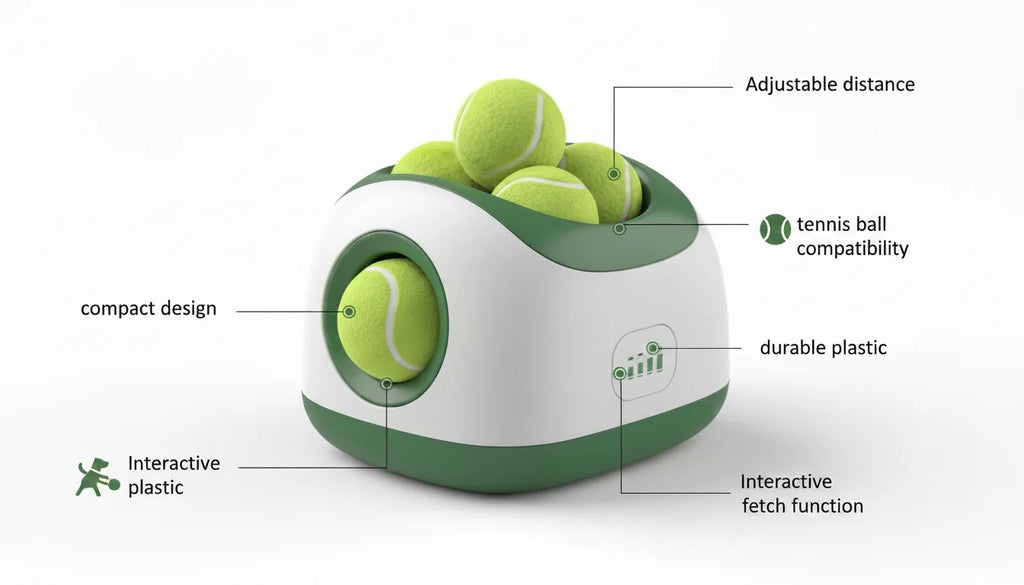 Interactive tennis ball launcher with adjustable distance and durable plastic design