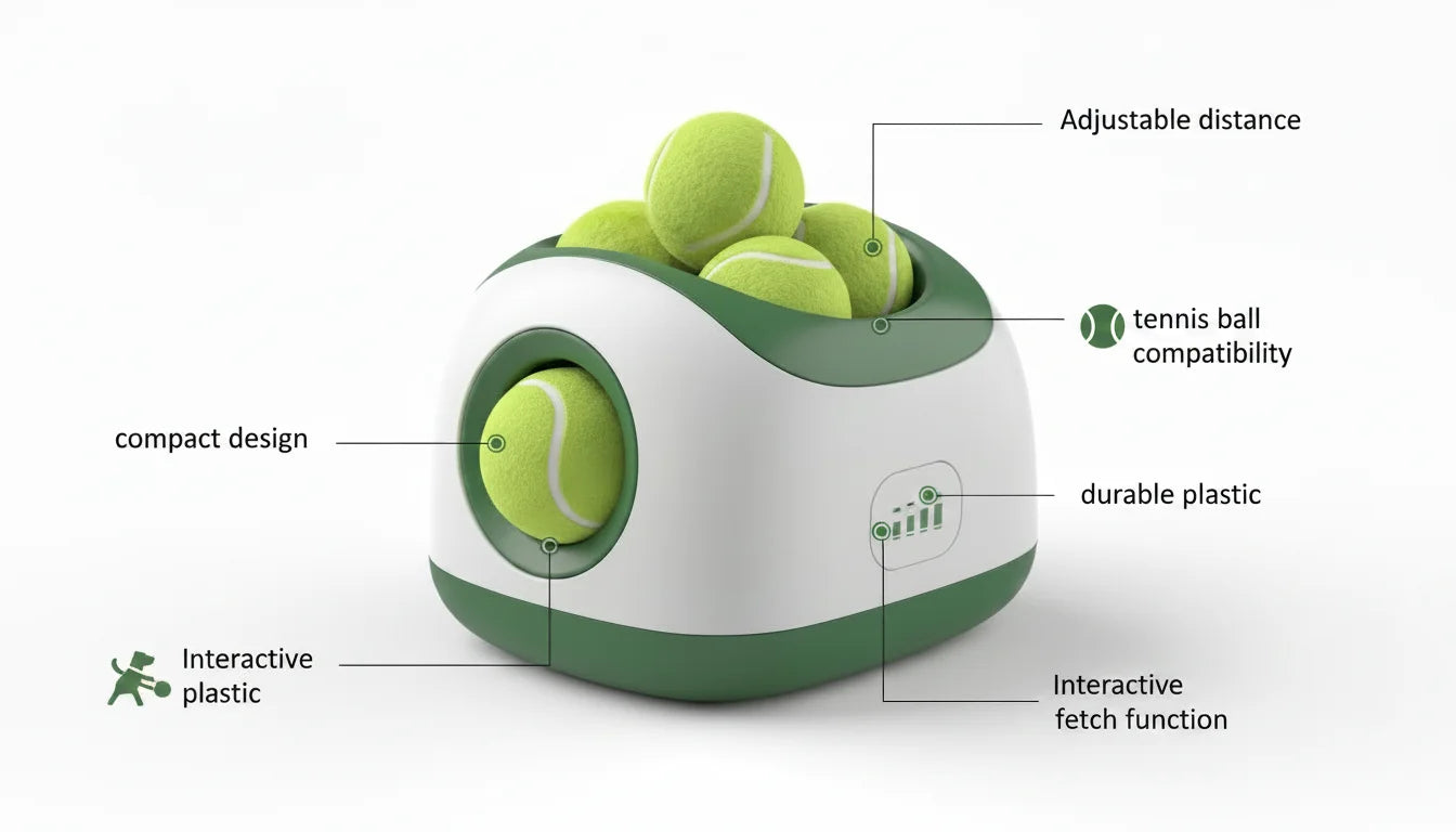 Interactive tennis ball launcher with adjustable distance and durable plastic design