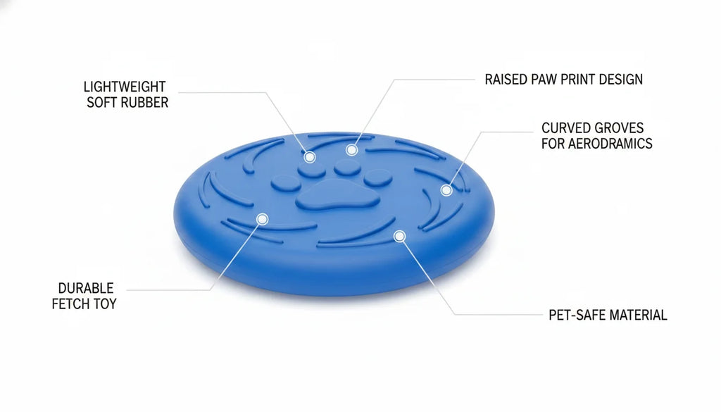 Blue rubber dog frisbee with raised paw print design and curved grooves for aerodynamics