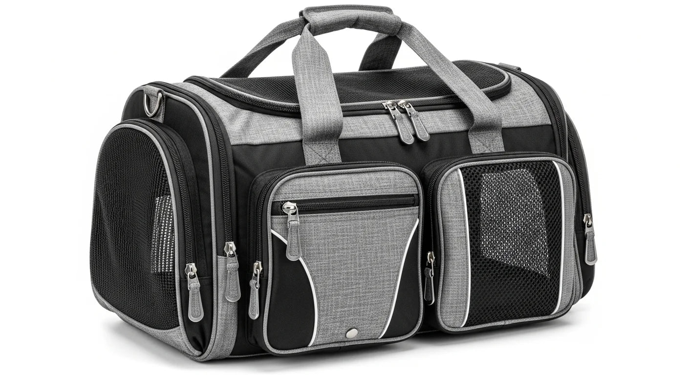 Black and grey pet carrier bag with mesh panels and multiple pockets for travel.