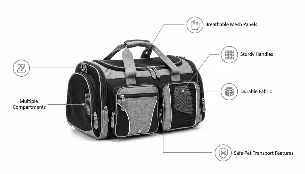 Black pet carrier bag with gray accents and multiple compartments for safe transport