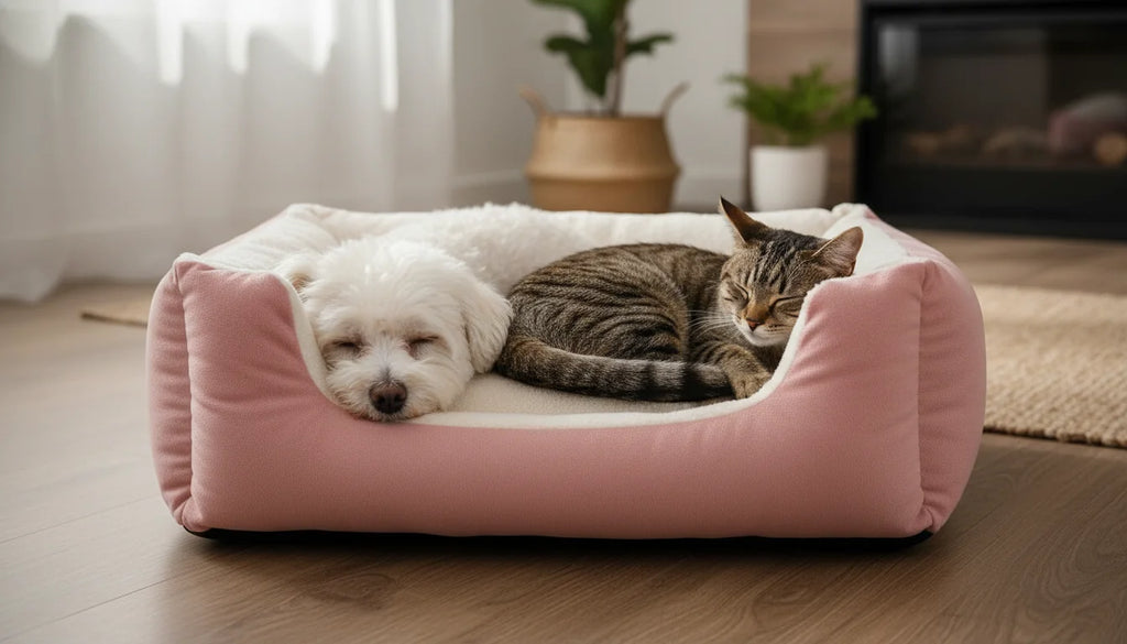 A white dog and brown tabby cat sleep together on a pink dog bed indoors