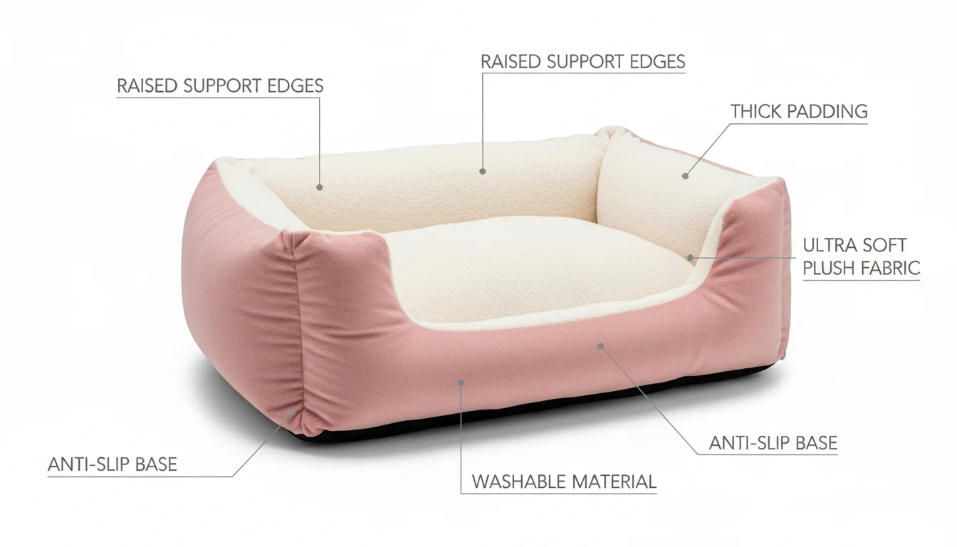 Pink pet bed with labeled features on white background for clarity and visibility always