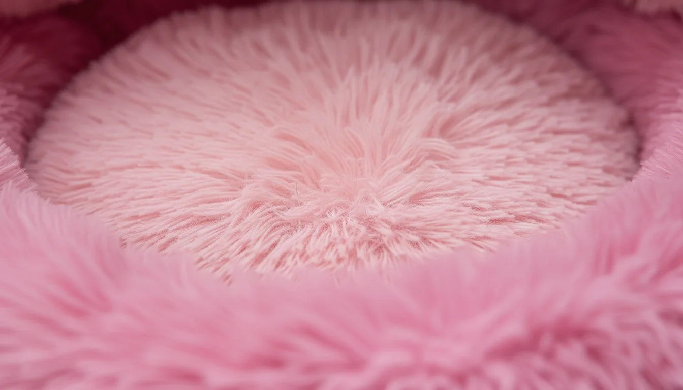 A plush, pink, fuzzy pet bed with a soft, shaggy interior and a circular design
