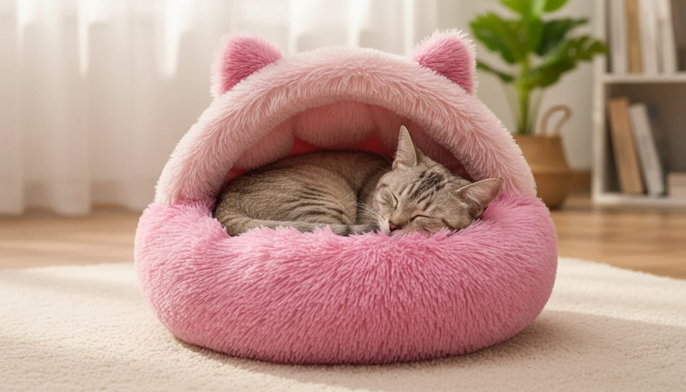 A serene tabby cat rests peacefully in a plush pink cat bed with ears on a beige rug